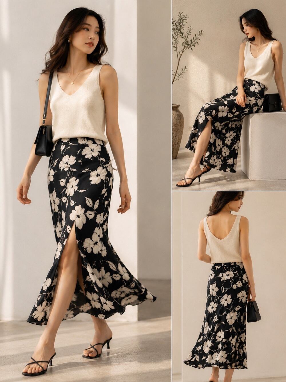 Ann Taylor LOFT 100% Silk Floral Midi Skirt 6 Black Ivory Y2K Career Y2K Office
